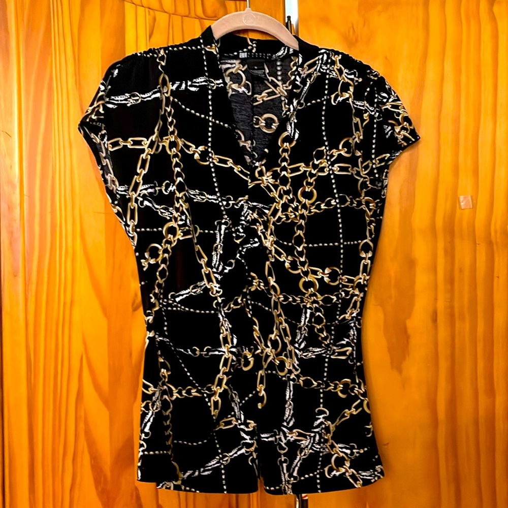 Carole Little Black and Gold Chain Print Blouse